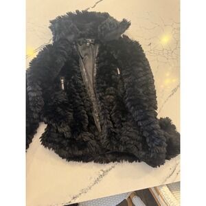 Kensie Black Faux Fur Jacket Hooded Zip Up Cropped Style